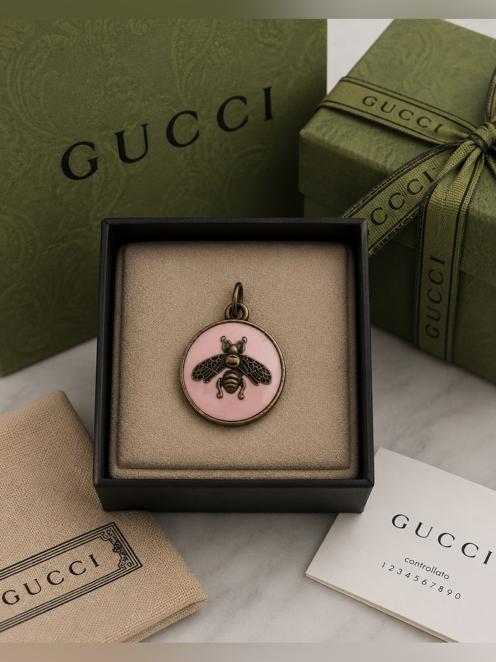 Gucci stamped Pink Enamel Bee Charm Pendant in Antique Gold Tone